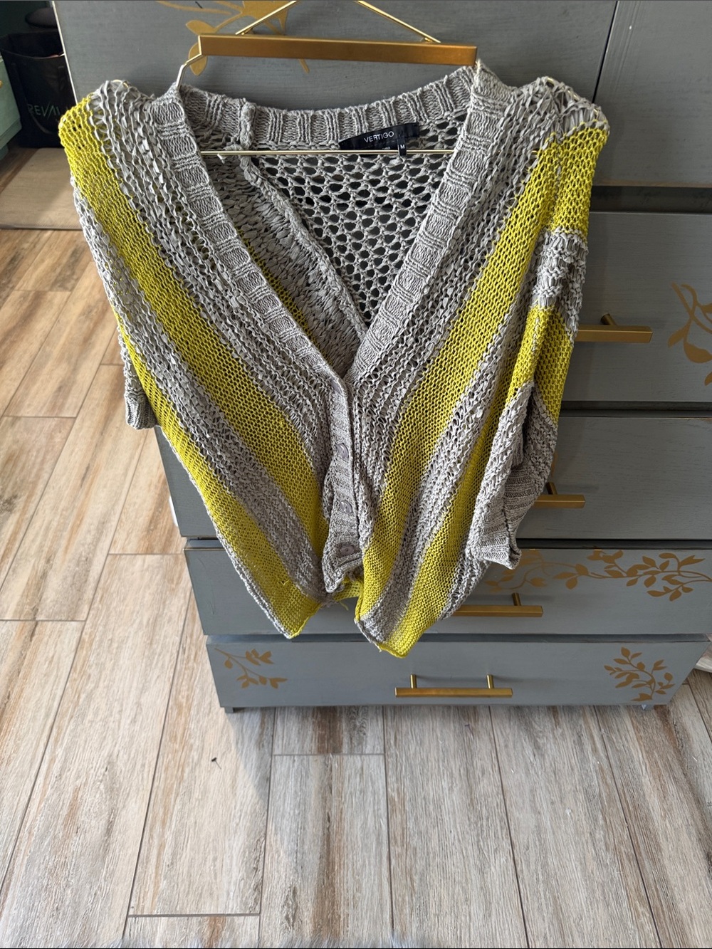 Vero Moda Gray and Yellow Striped Open-Knit V-Neck Sweater